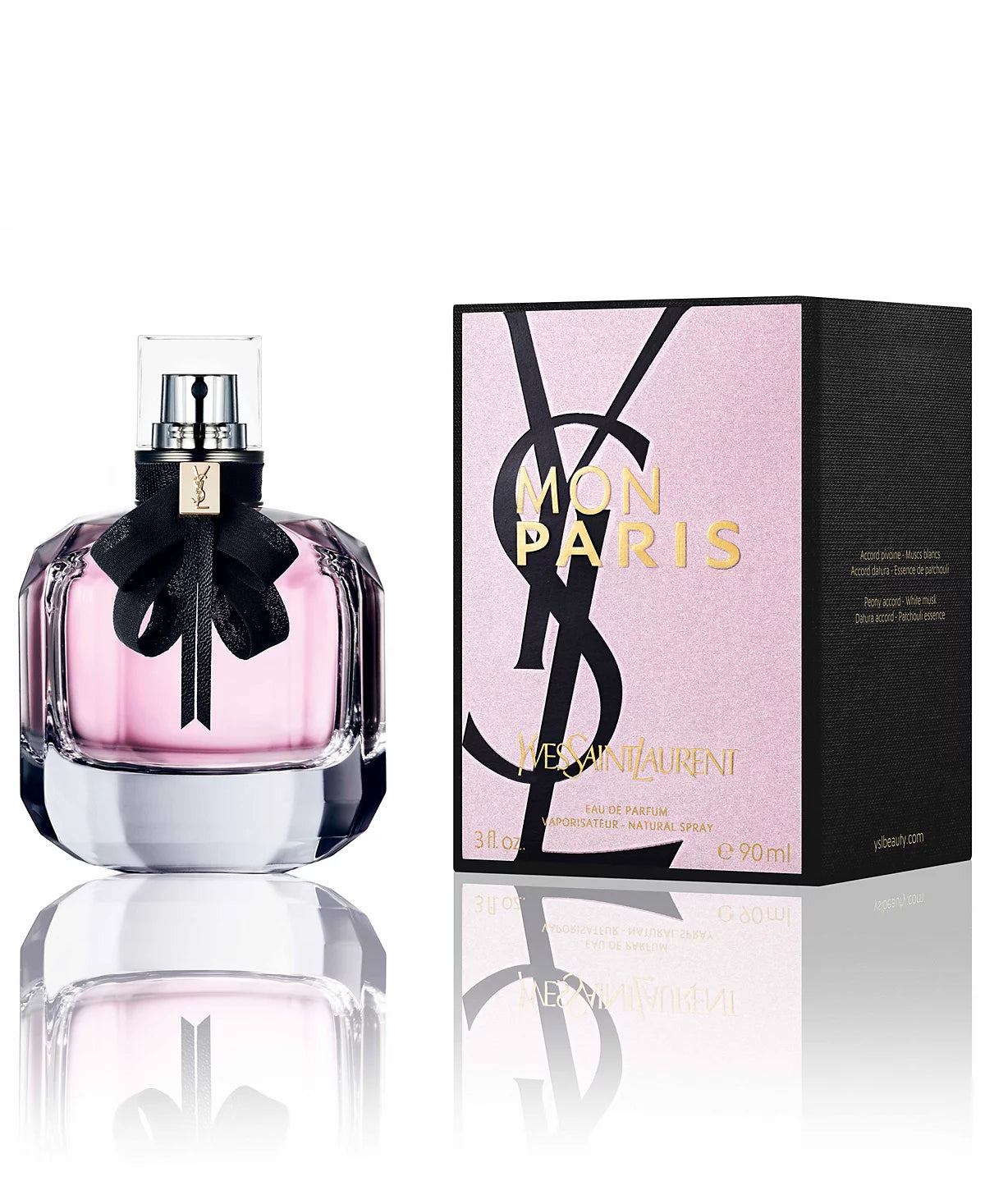 YSL Mon Paris perfume bottle and packaging on a white background