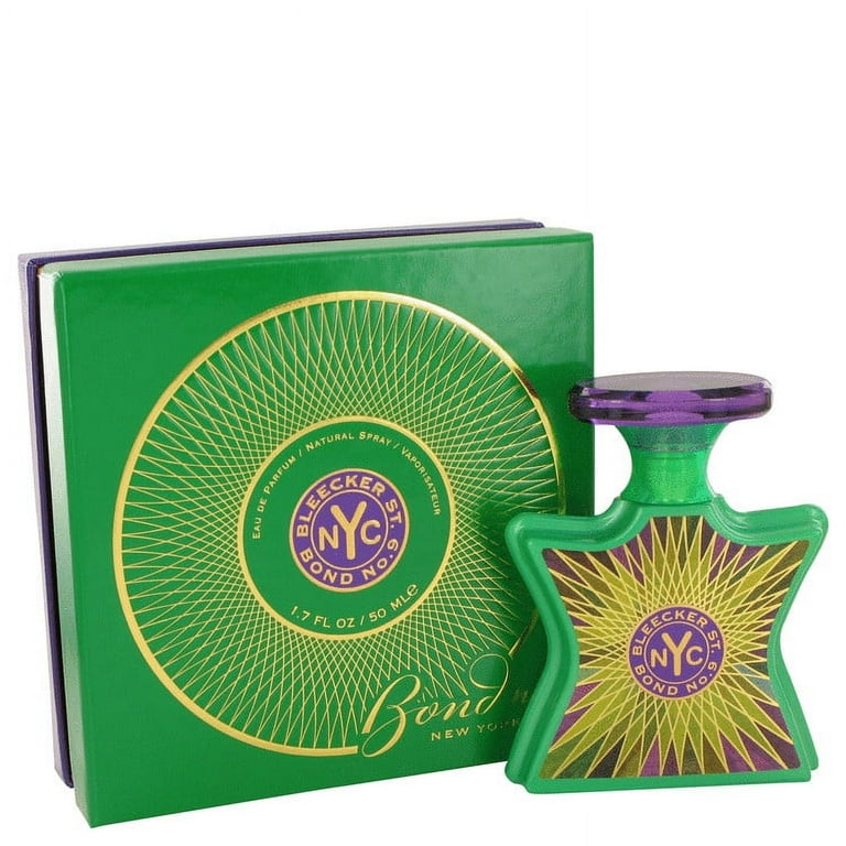 Green perfume bottle and packaging with 'Bleecker & Bond' branding on a white background