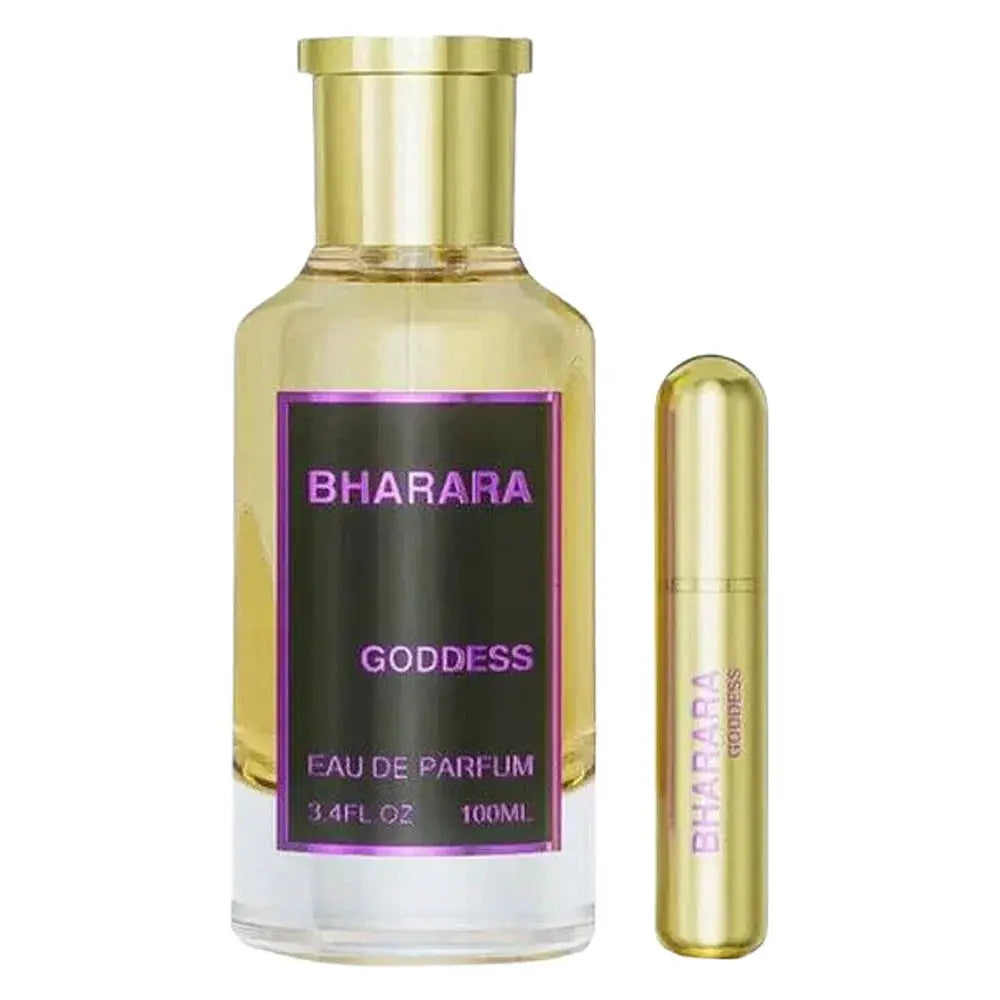 Bharara Goddess Eau de Parfum bottle and travel-sized version on a white background