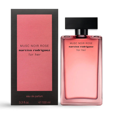 Narciso Rodriguez Musc Noir Rose perfume bottle and packaging on a white background