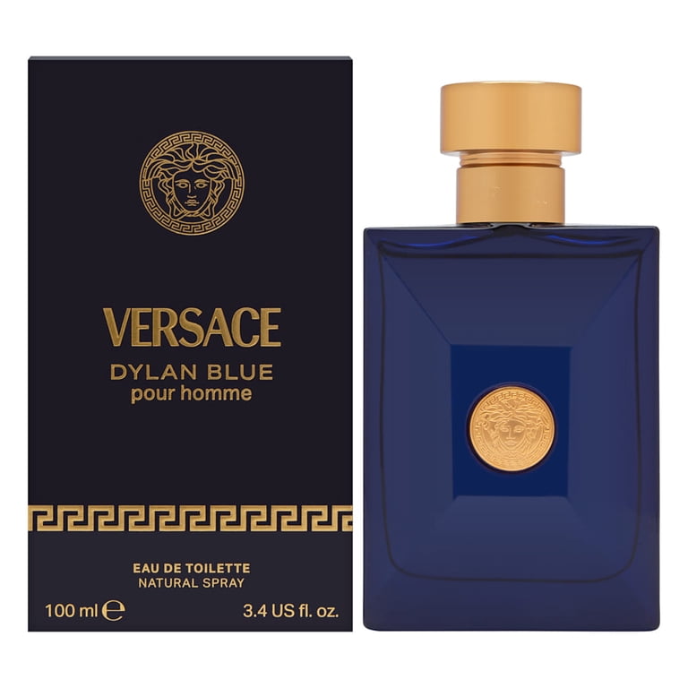 Versace Dylan Blue pour homme perfume bottle and packaging on a white background