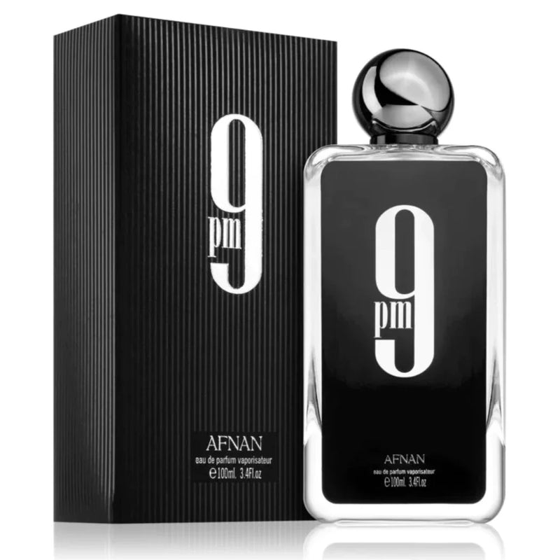 9pm by afnan perfume bottle with packaging on a white background