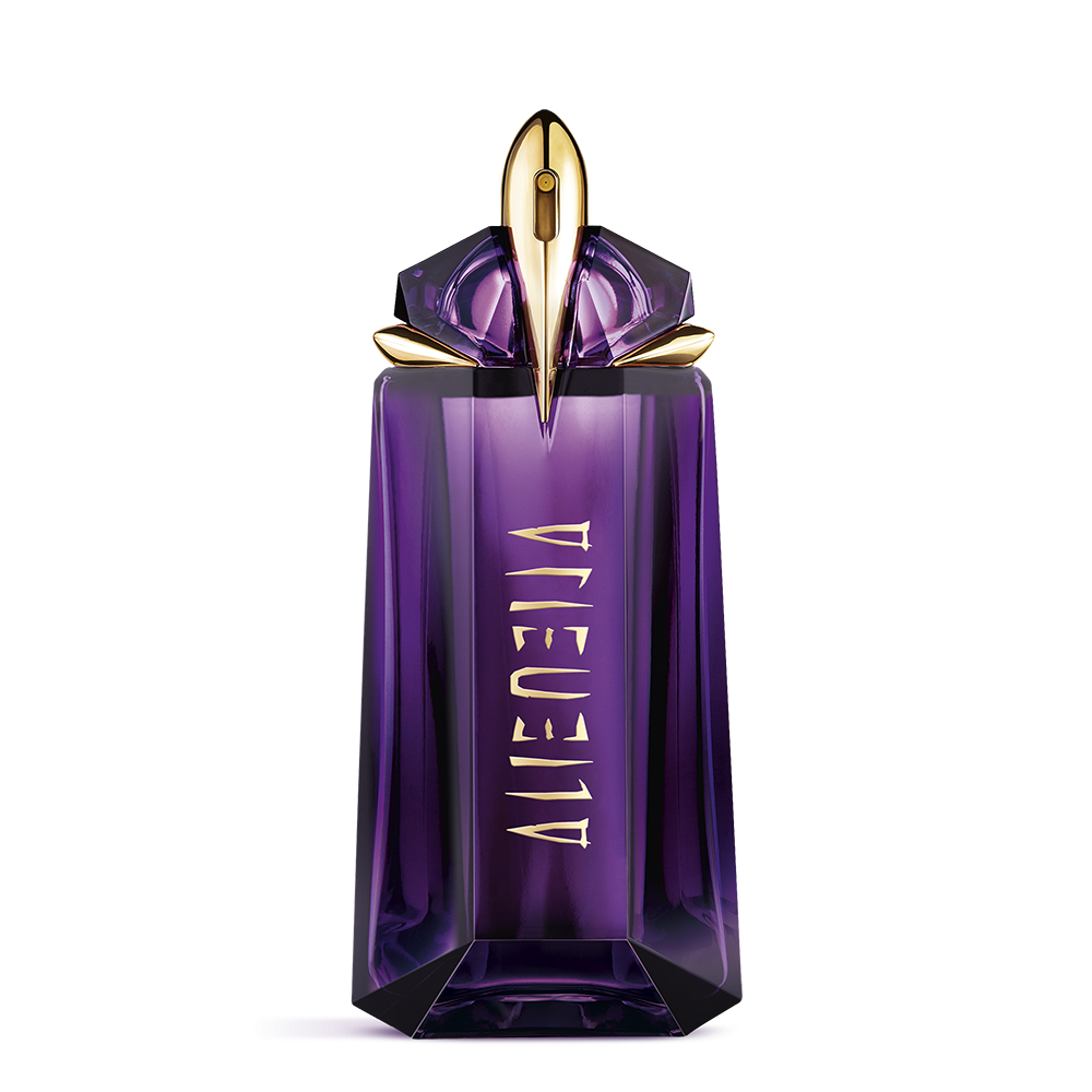 Purple perfume bottle with gold cap on a white background