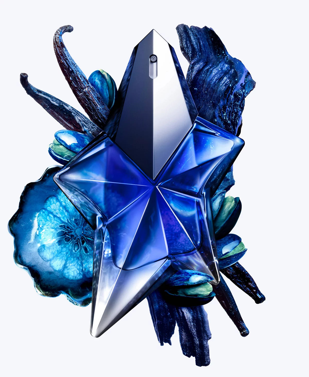 perfume bottle of angel stellar on a blue and white background.