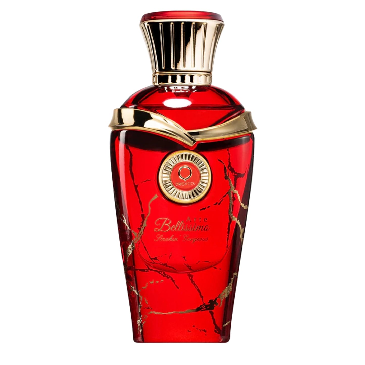 Red and gold perfume bottle with 'Bellissima' branding on a white background
