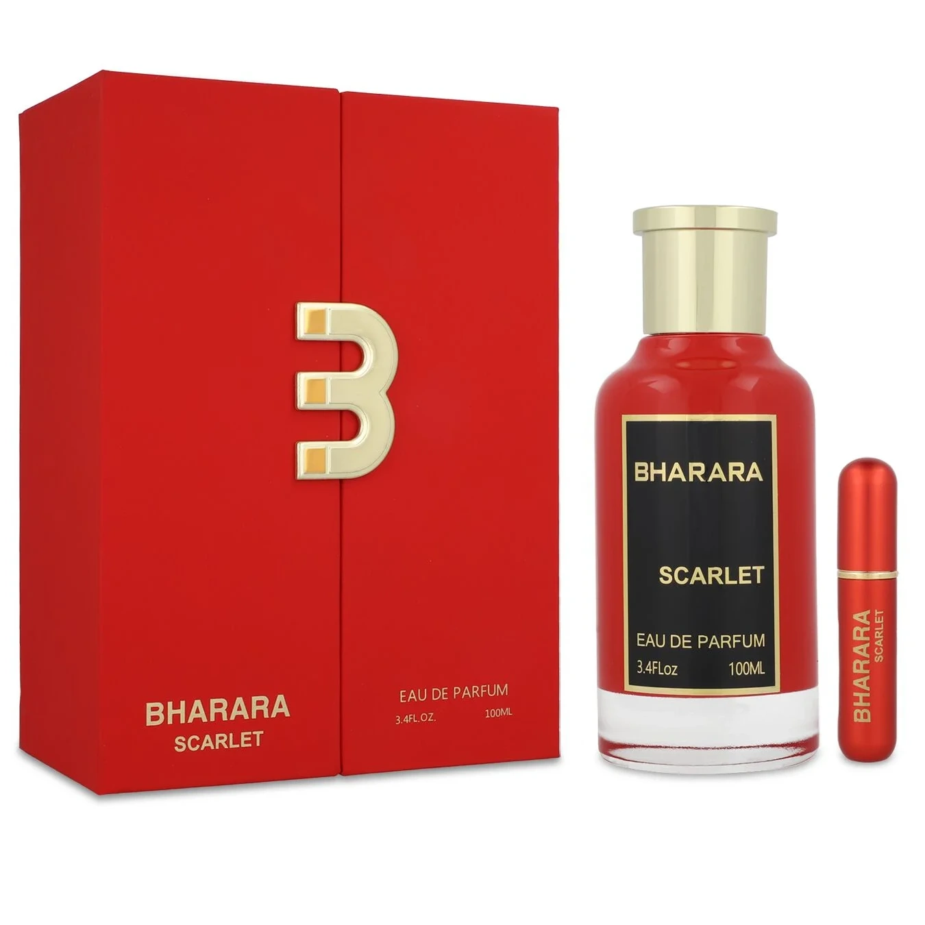 Bharara Scarlet perfume bottle and packaging on a white background