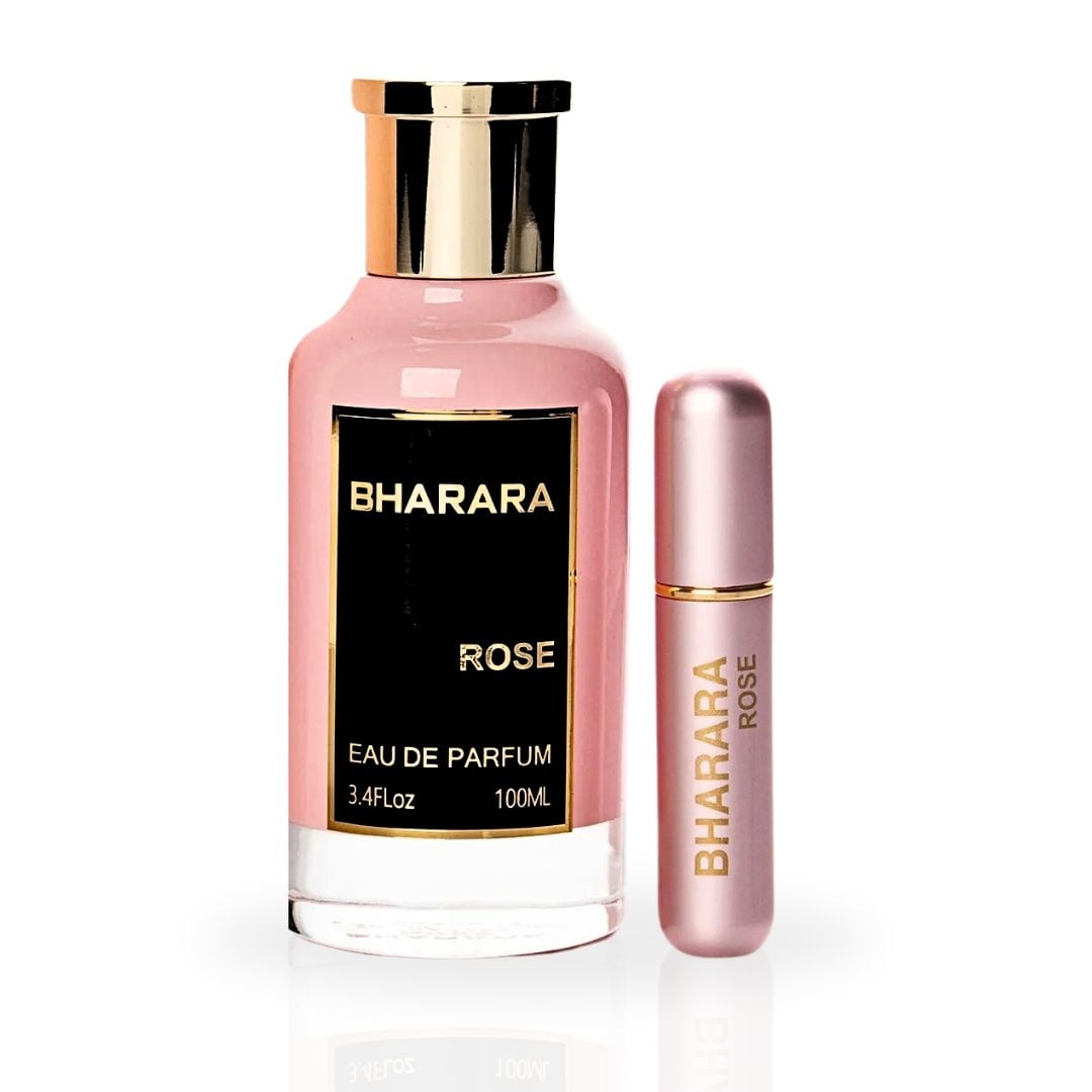 Bharara Rose Eau de Parfum bottle and travel-sized version on a white background