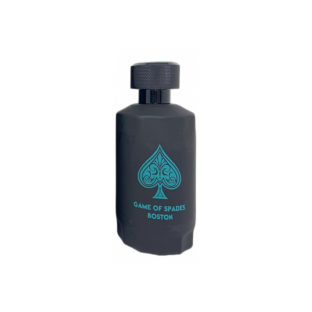 Black bottle with blue logo and text on a white background