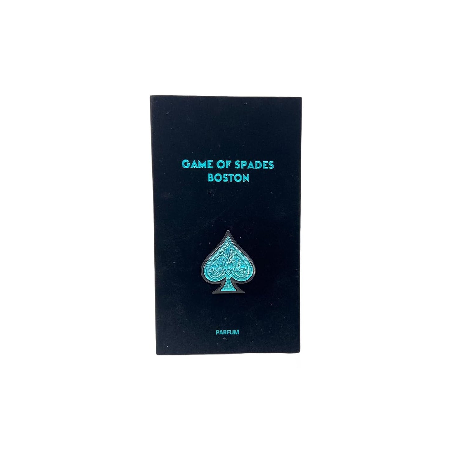 Black perfume bottle with blue design and text on a white background