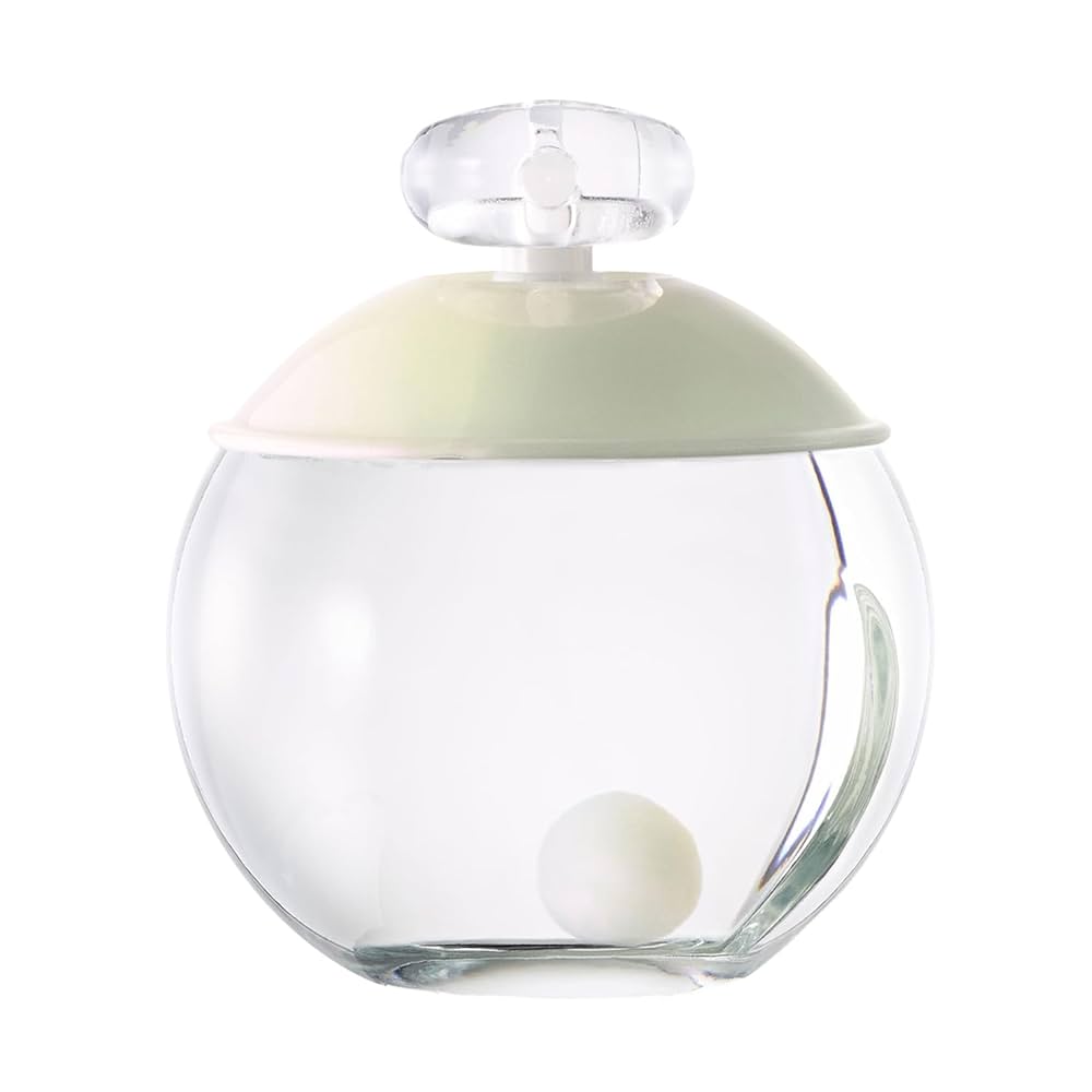 Clear glass container with a light green lid on a white background
