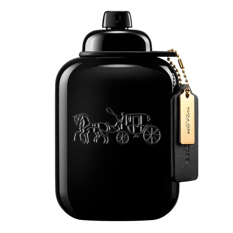 Black perfume bottle with a gold tag on a white background