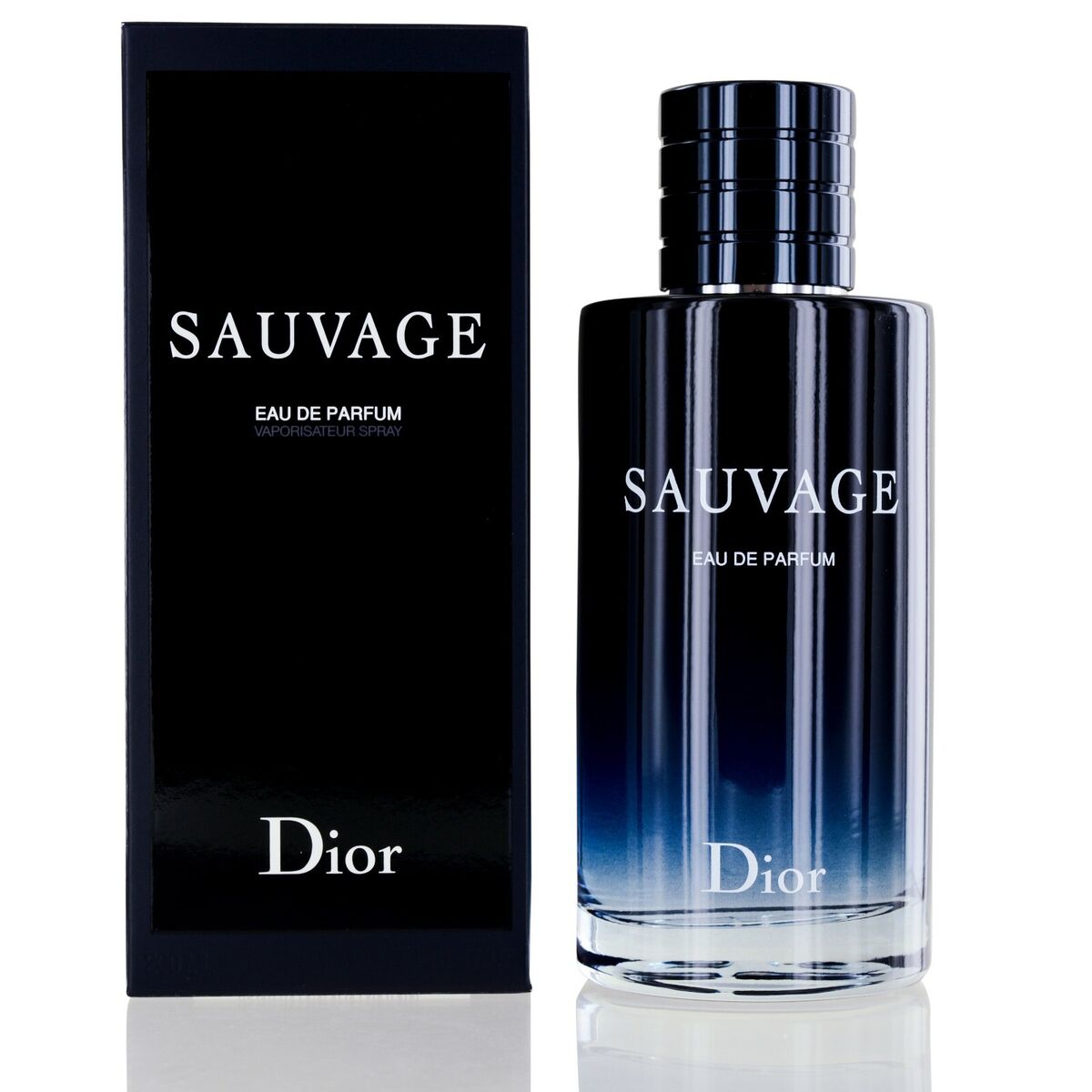 A bottle of Dior Sauvage Eau de Parfum spray with its black and blue packaging box.