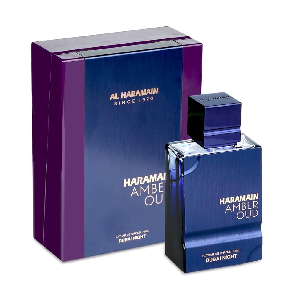 Haramain Amber Oud perfume bottle and packaging on a white background