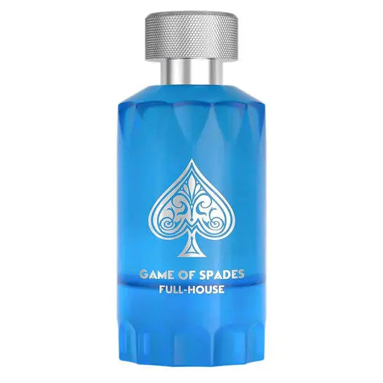 Blue perfume bottle with silver cap on a white background