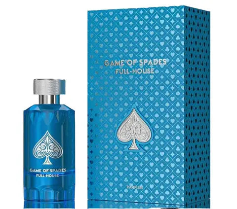 Blue perfume bottle and packaging with 'Game of Spades Full House' branding on a white background