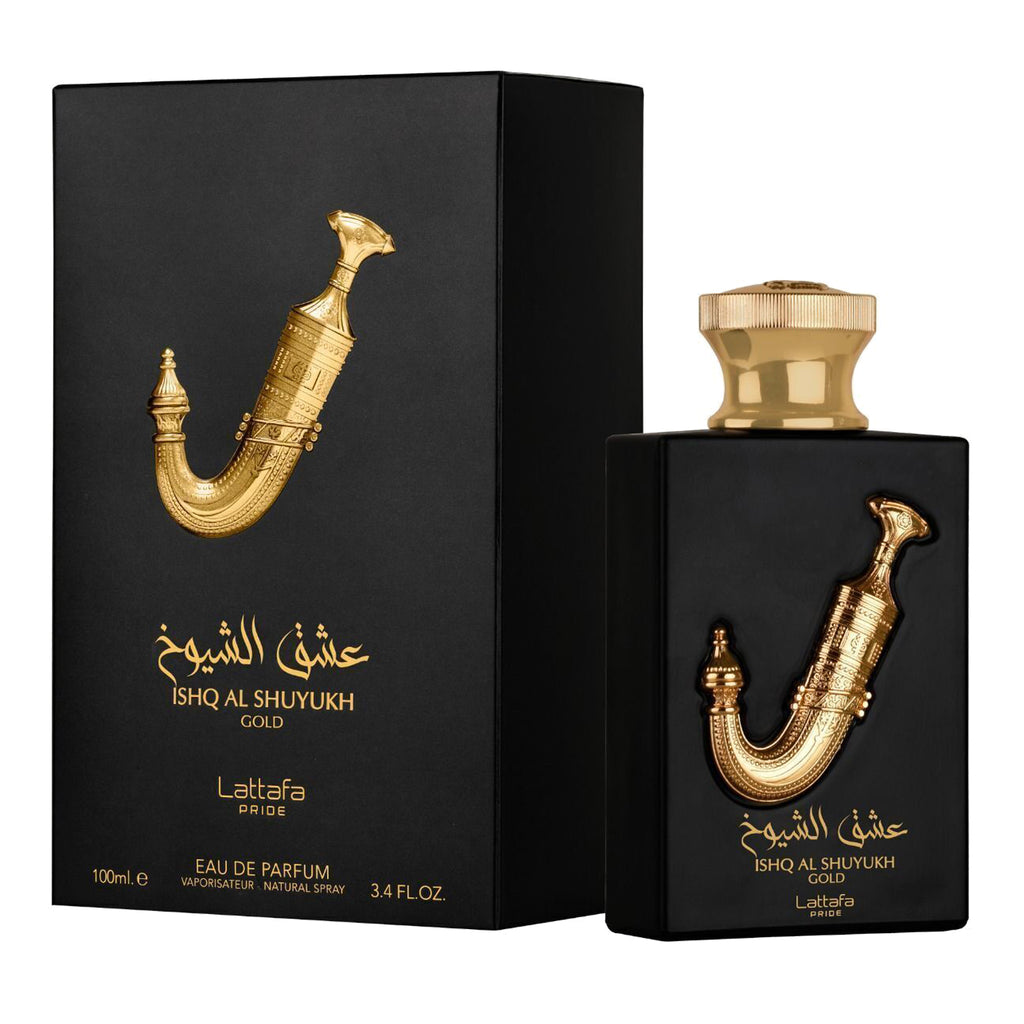 Black and gold perfume bottle and packaging with 'Lattafa' branding on a white background