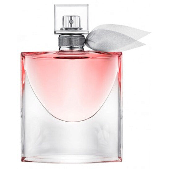Perfume bottle with a pinkish-red liquid on a white background
