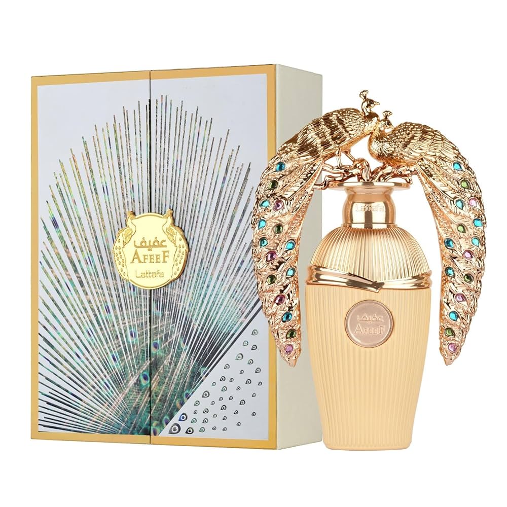 Luxurious perfume bottle with decorative wings and packaging featuring a peacock design.