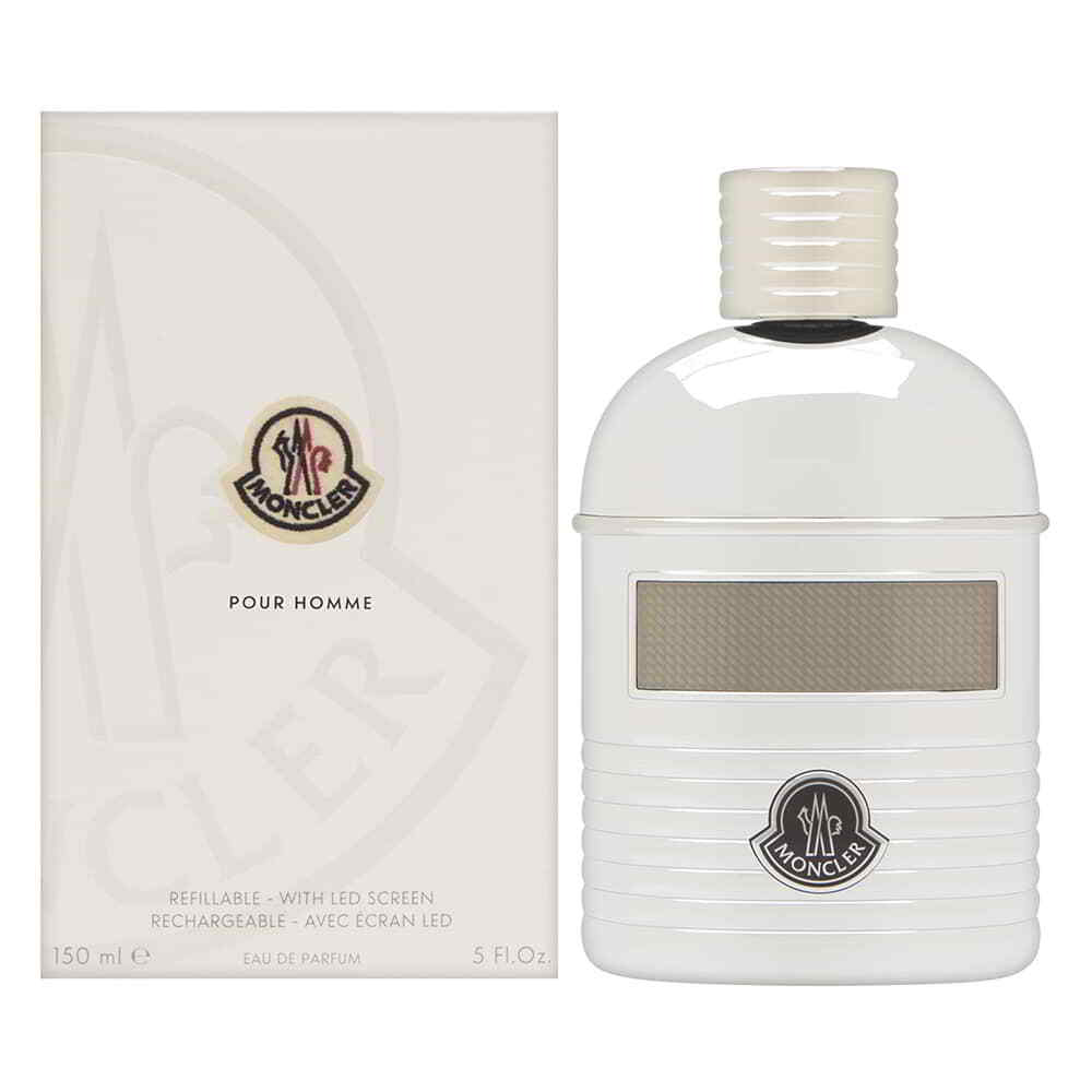 Moncler Pour Homme perfume bottle and packaging on a white background