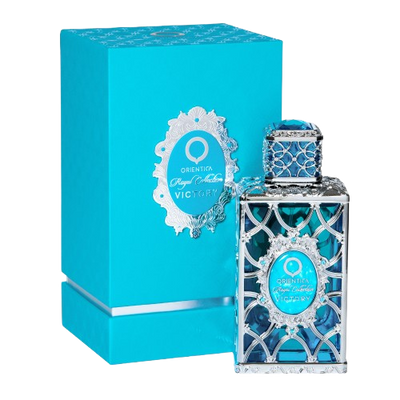 blue box of orientica victory perfume along with the bottle