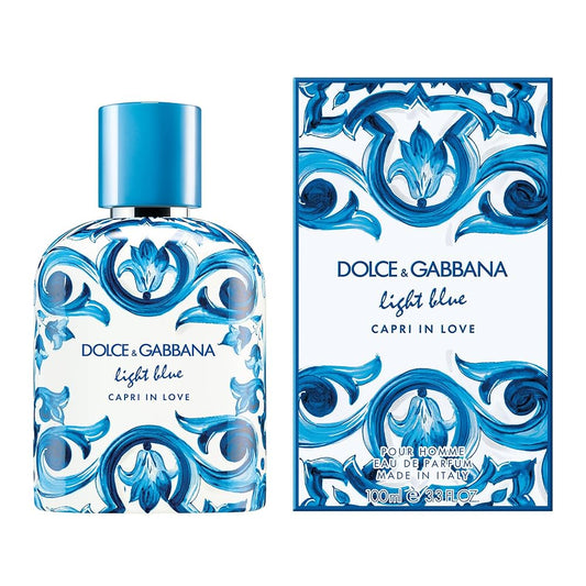 Dolce & Gabbana Light Blue Capri in Love perfume bottle and packaging on a white background