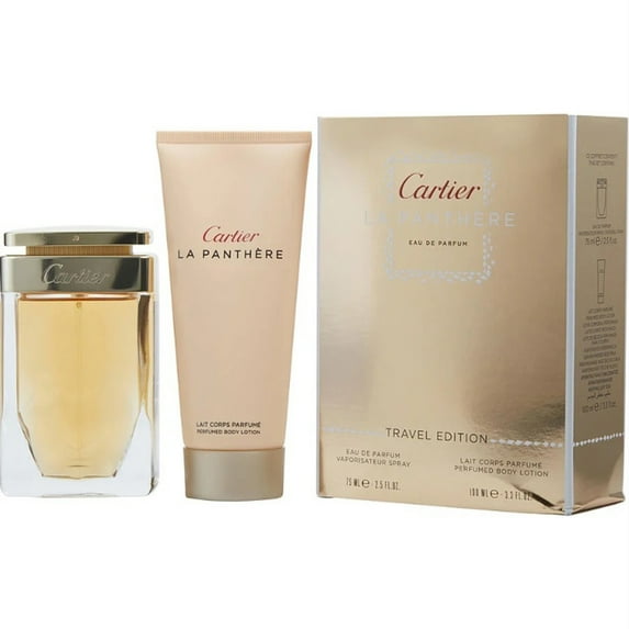 Cartier La Panthere perfume set with bottle, lotion, and packaging on a white background