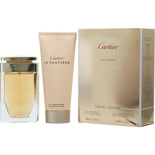 Cartier La Panthere perfume set with bottle, lotion, and packaging on a white background