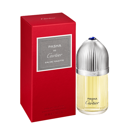 Cartier Pasha perfume bottle and red box on a white background