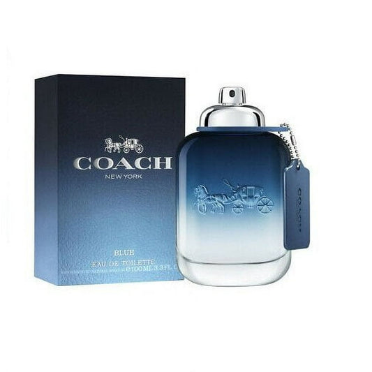 Coach New York Blue perfume bottle and packaging on a white background