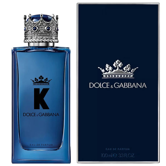 Dolce & Gabbana K perfume bottle and packaging on a white background