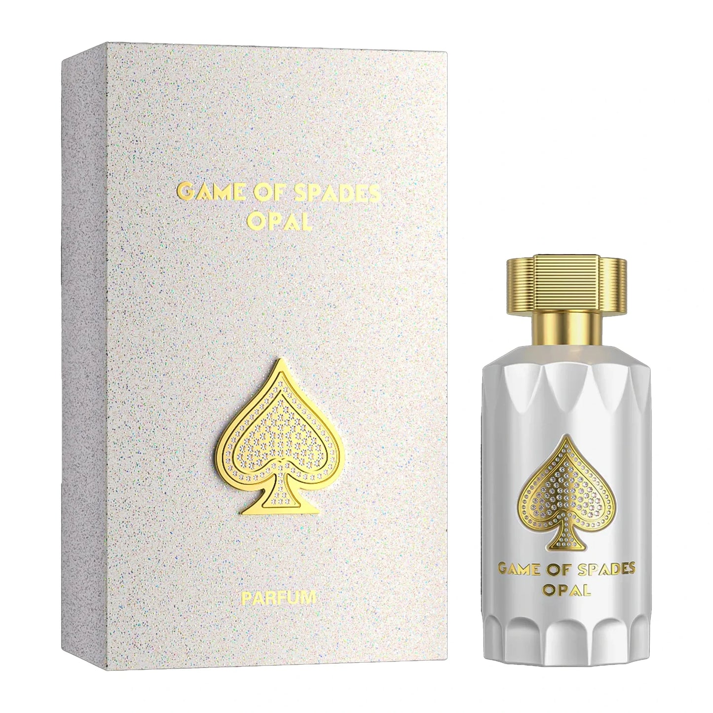 Parfum bottle and packaging with 'Game of Spades Opal' branding on a white background