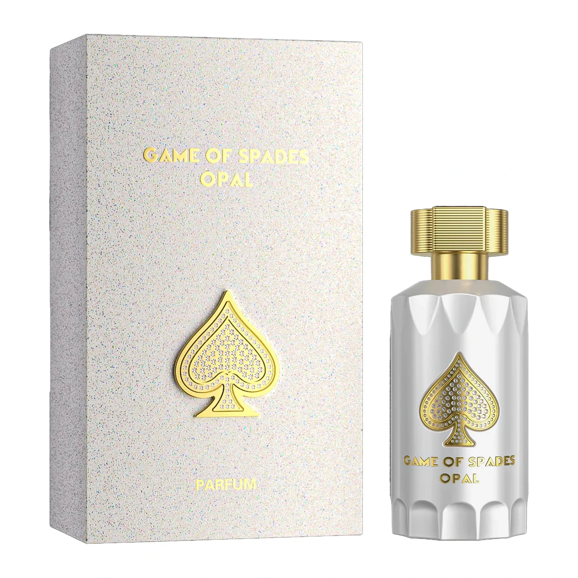 Parfum bottle and packaging with 'Game of Spades Opal' branding on a white background