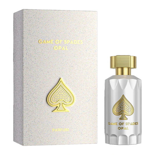 Parfum bottle and packaging with 'Game of Spades Opal' branding on a white background