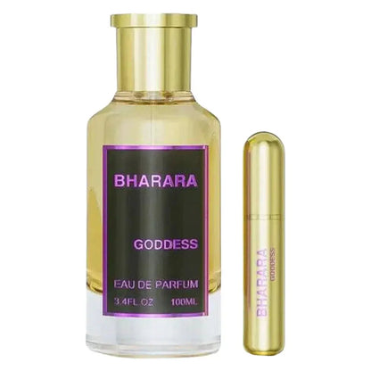 Bharara Goddess Eau de Parfum bottle and travel-sized version on a white background