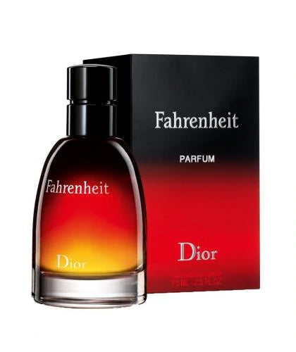 Dior Fahrenheit parfum bottle and packaging on a white background