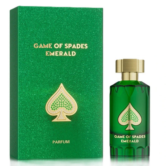 Green perfume bottle and packaging with gold spade symbol on a white background
