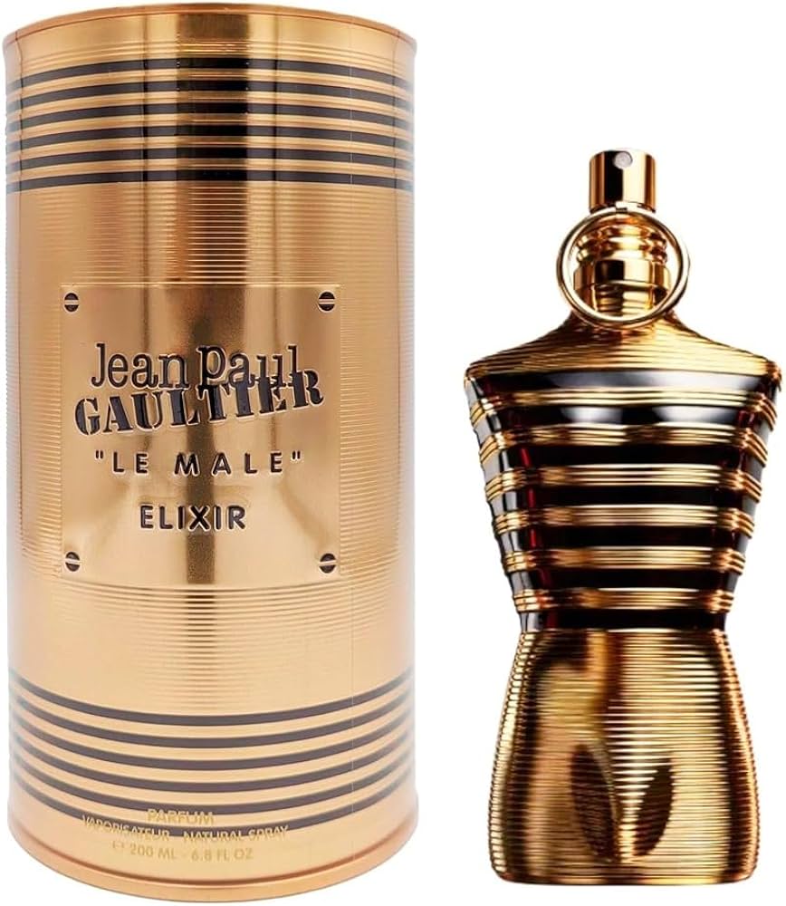 Jean Paul Gaultier Le Male Elixir Parfum bottle and packaging, featuring a cylindrical container with a gold design and the brand and product name displayed.