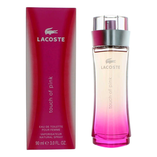 Lacoste touch of pink perfume bottle and packaging on a white background