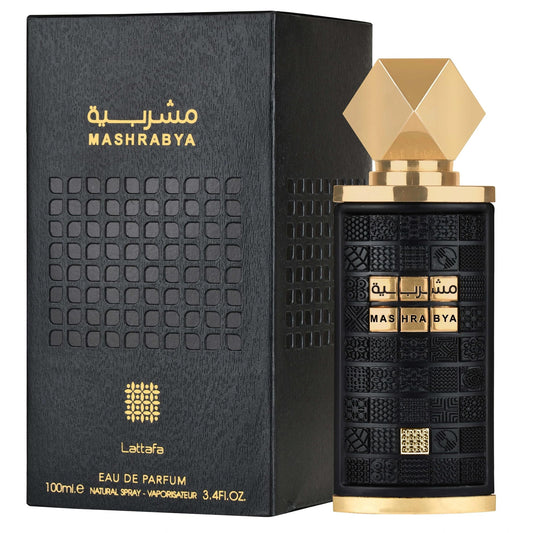 Mashrabya perfume bottle and packaging with gold accents on a white background