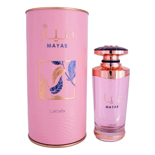 Lattafa Mayar perfume bottle and pink packaging on a white background