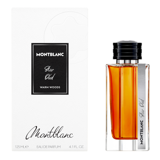 Montblanc Star Oud perfume bottle and packaging on a white background