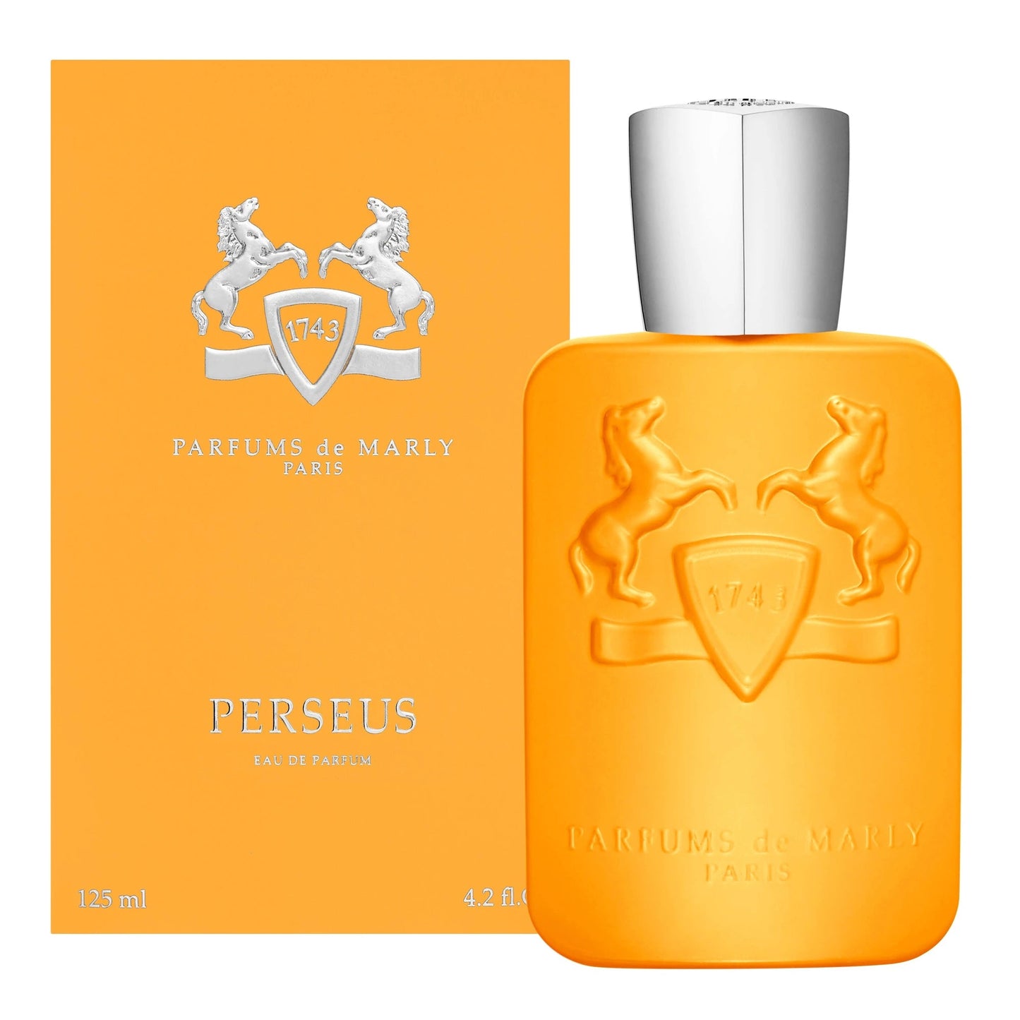 Orange Parfums du Marly Perseus perfume bottle with silver cap on a white background