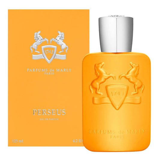 Orange Parfums du Marly Perseus perfume bottle with silver cap on a white background