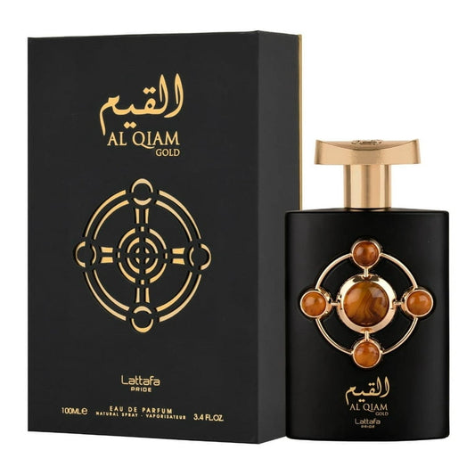 Black perfume bottle with gold accents and 'Al Qiam' branding next to its packaging.