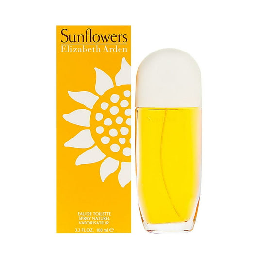 Elizabeth Arden Sunflowers perfume bottle and packaging on a white background