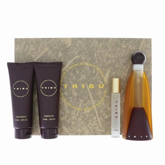 Tribu skincare and fragrance set with bottles and tubes on a branded box background