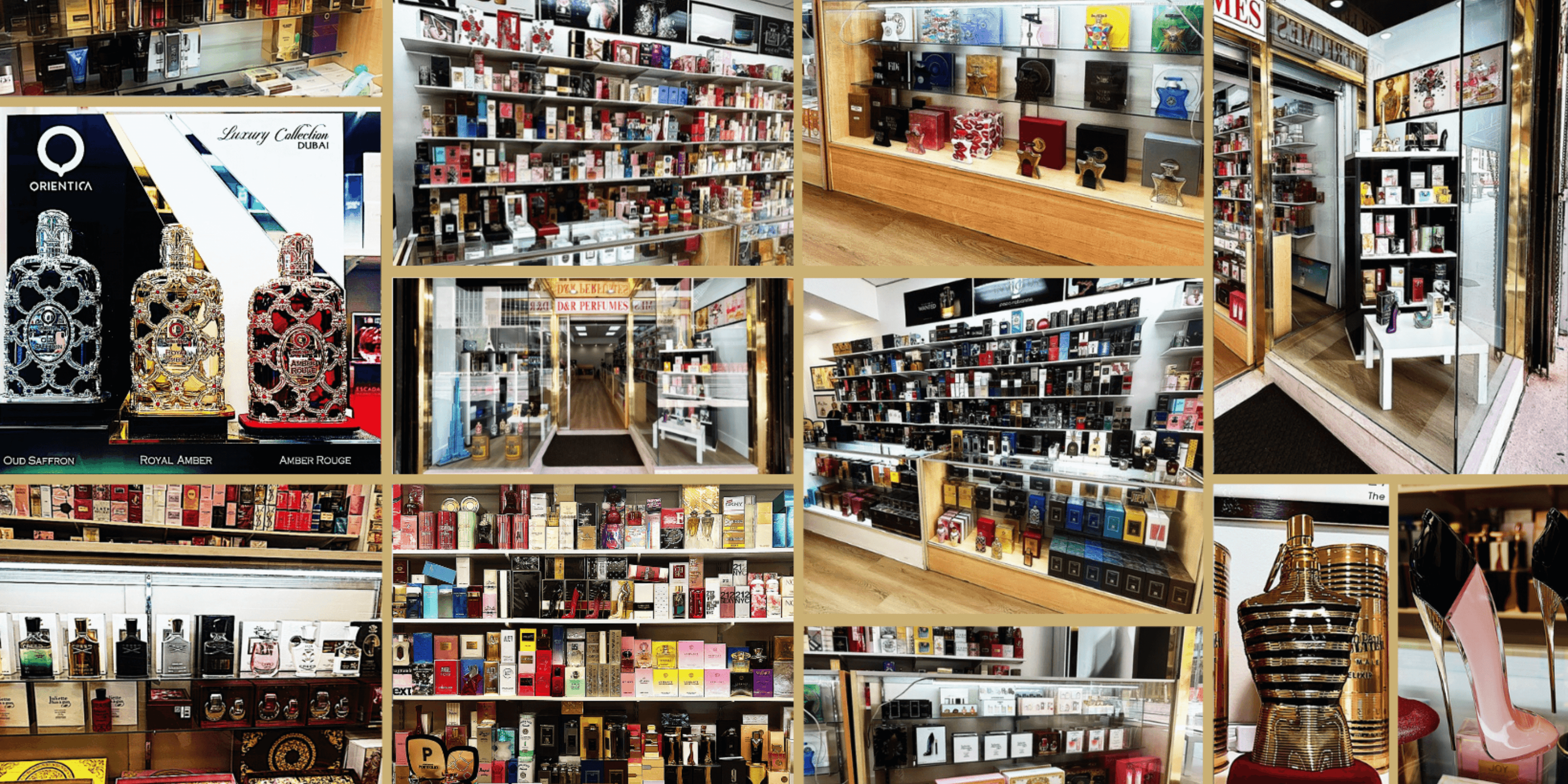 Collage of various perfume bottles and store interior.