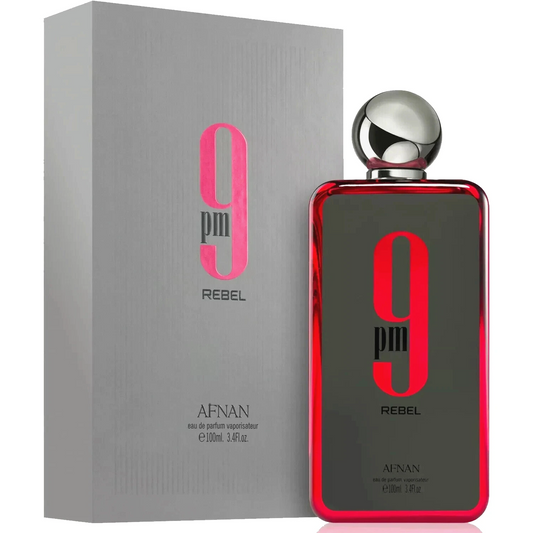 Perfume bottle and packaging of 9 pm Rebel by Afnan on a white background