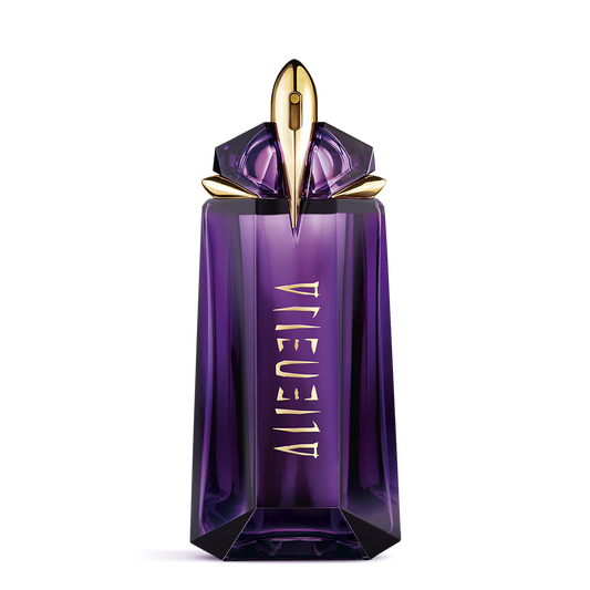 Purple perfume bottle with gold cap on a white background