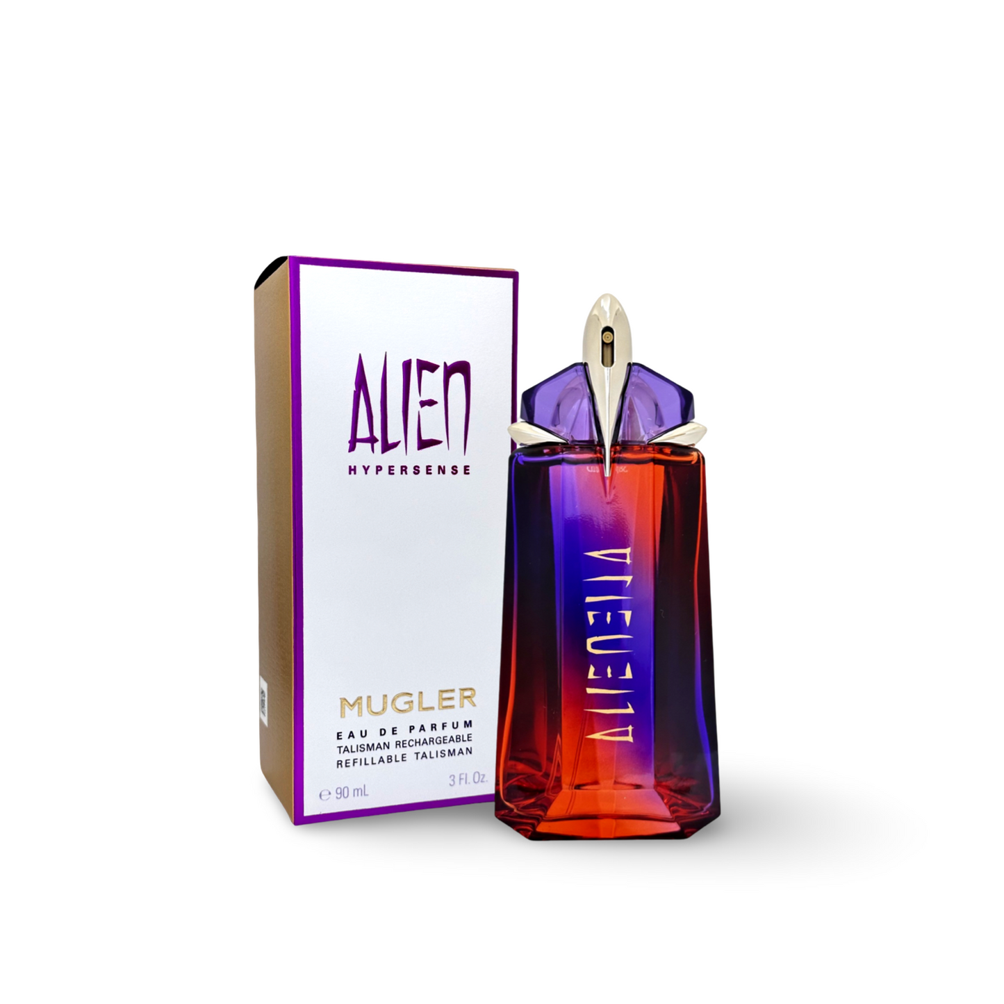 Mugler Alien perfume bottle and packaging on a white background